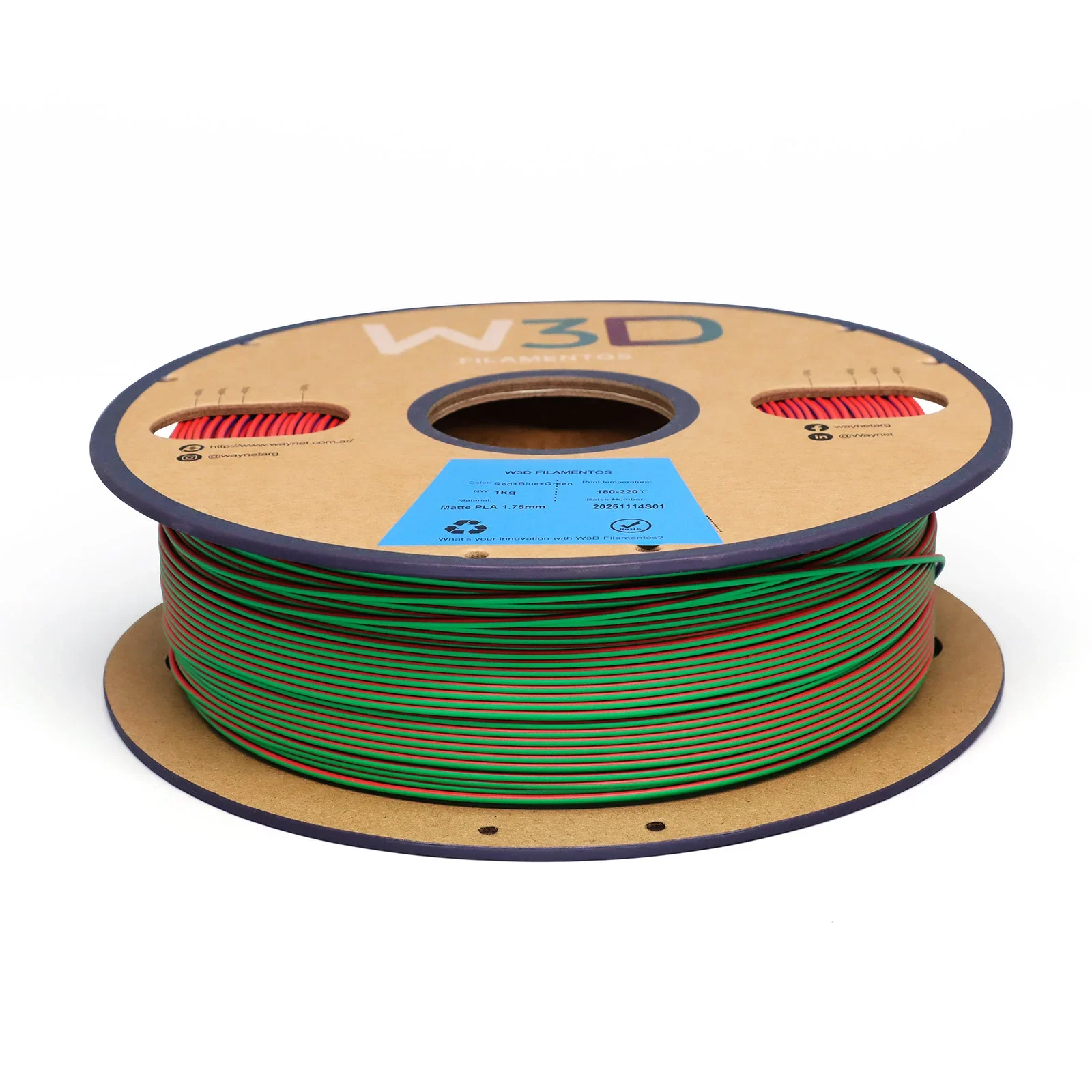MATTE TRICOLOR ROJO-AZUL-VERDE (Red-Blue-Green) PLA W3D FILAMENTO 3D 1.75MM 1KG 0104010