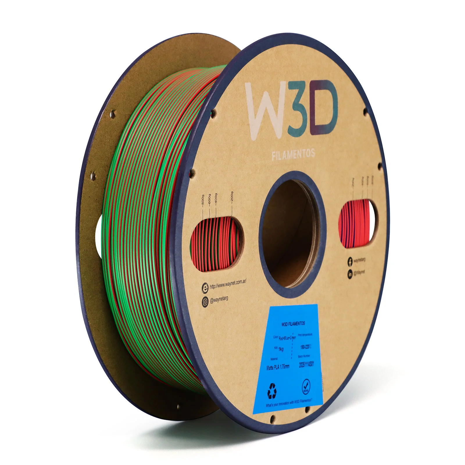 MATTE TRICOLOR ROJO-AZUL-VERDE (Red-Blue-Green) PLA W3D FILAMENTO 3D 1.75MM 1KG 0104010