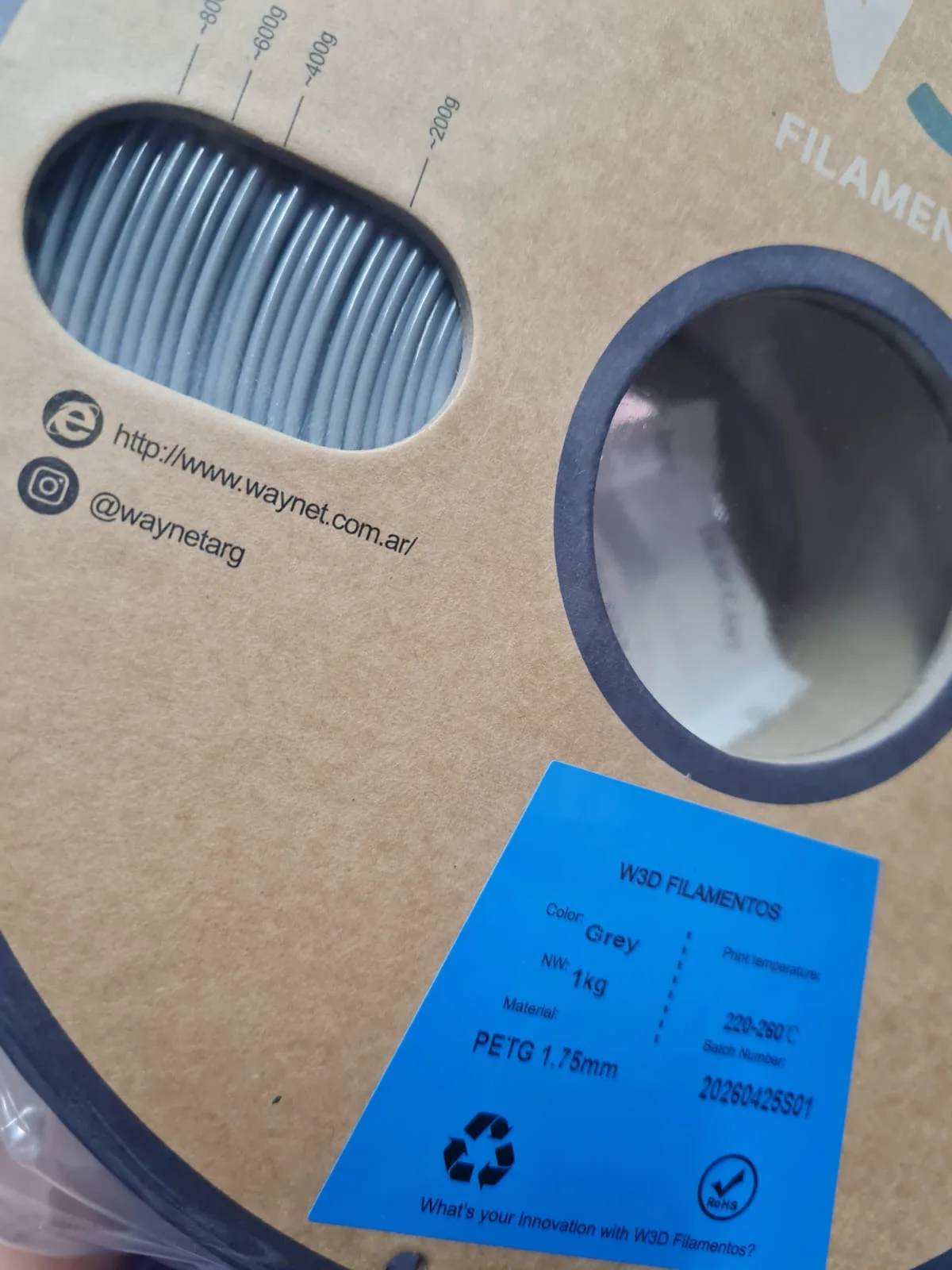 Gris (Grey) PETG W3D FILAMENTO 3D 1.75MM 1KG 102003