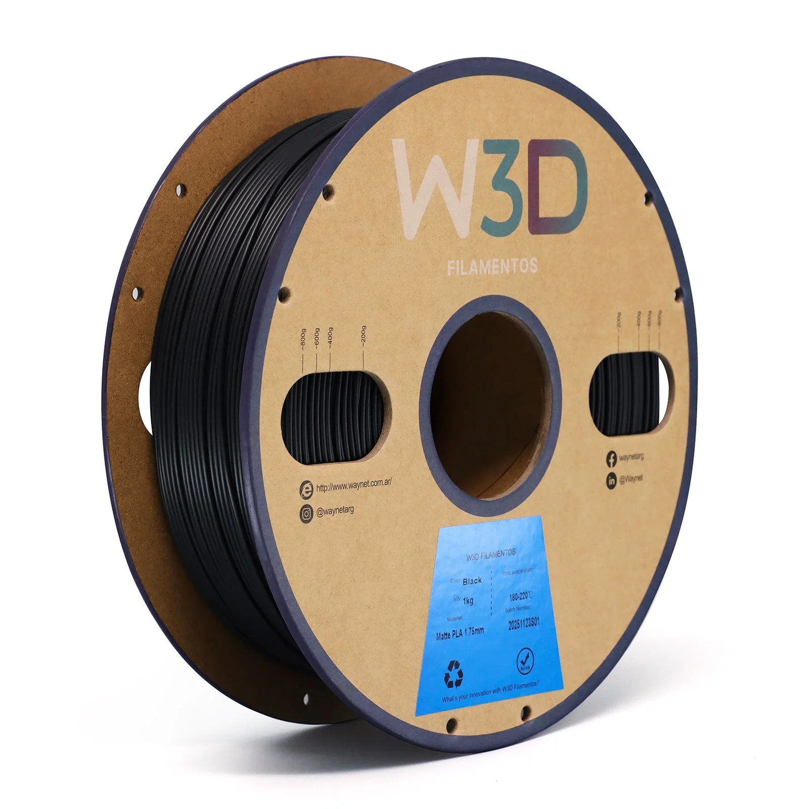 MATTE NEGRO (Matte Black) PLA W3D FILAMENTO 3D 1.75MM 1KG 0688765